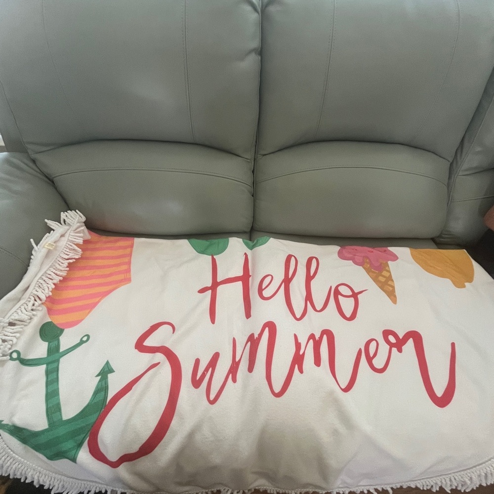👙🏝️🌊👙Hello Summer Beach Towel  LARGE- Coral & Green w/ Fringe